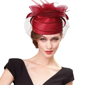 Wedding Church Red Hats Fascinators For Woman With Feather Veil Cocktail Party Headdress Lady Elegant Kentucky Derby Cap