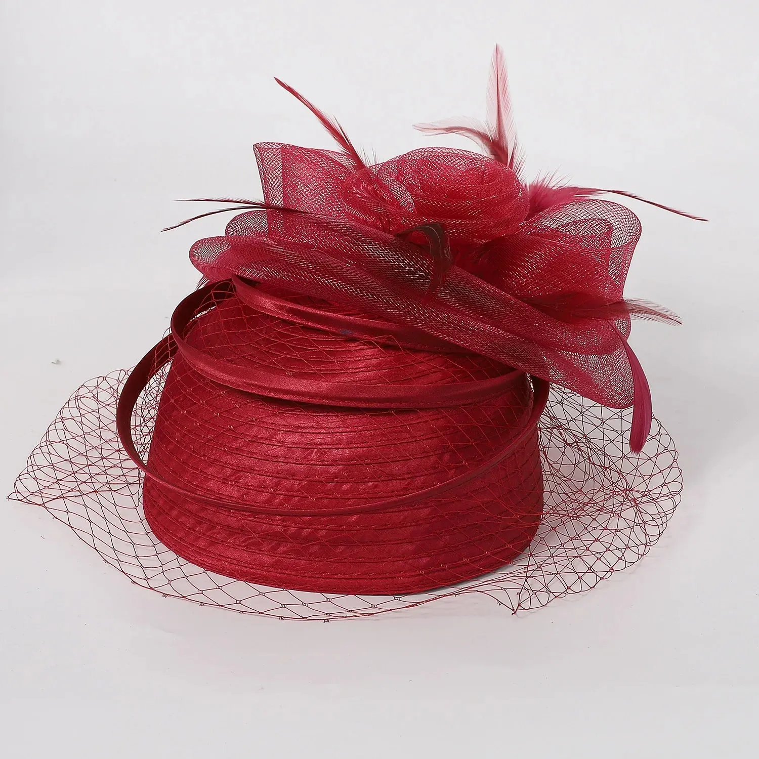 Wedding Church Red Hats Fascinators For Woman With Feather Veil Cocktail Party Headdress Lady Elegant Kentucky Derby Cap