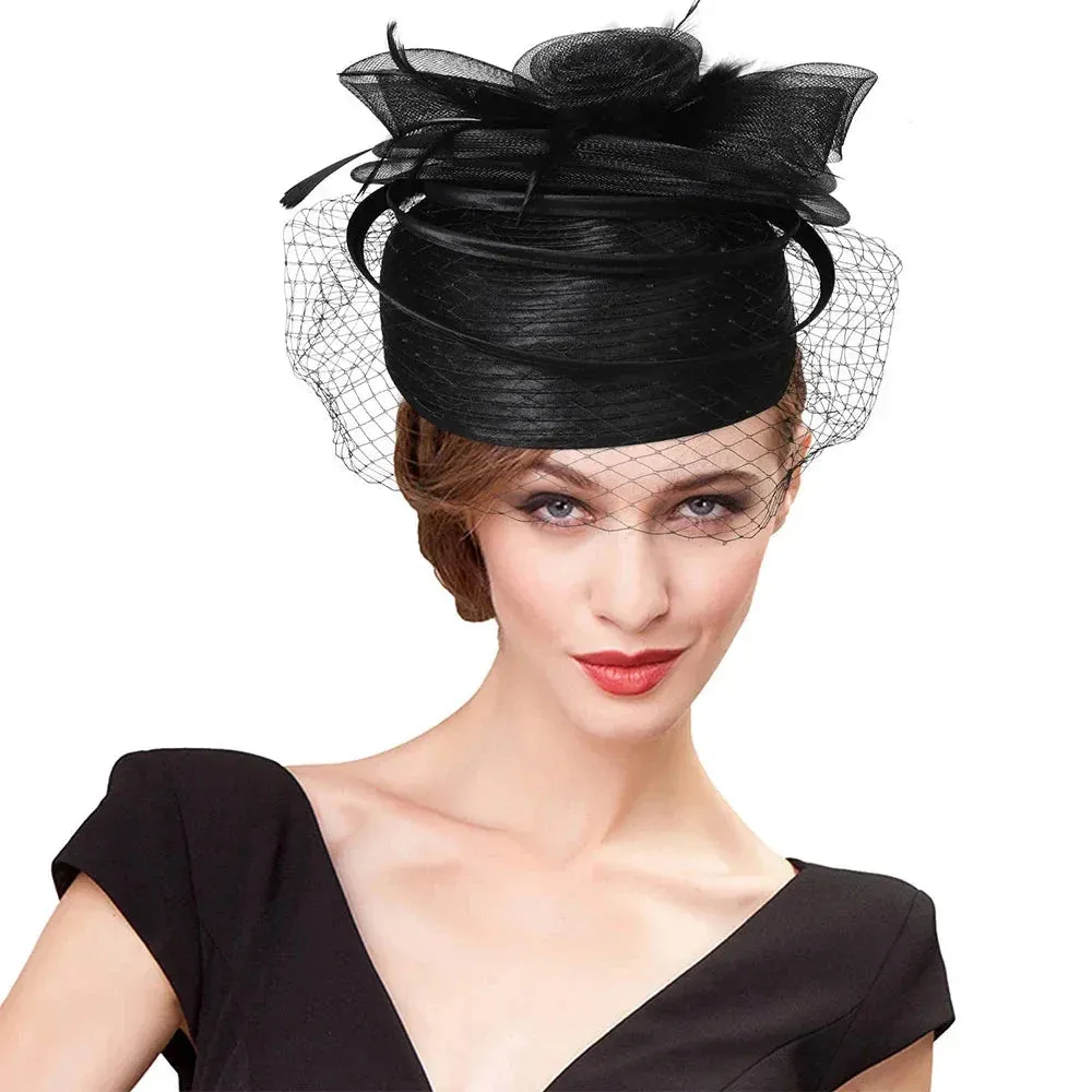 Wedding Church Red Hats Fascinators For Woman With Feather Veil Cocktail Party Headdress Lady Elegant Kentucky Derby Cap