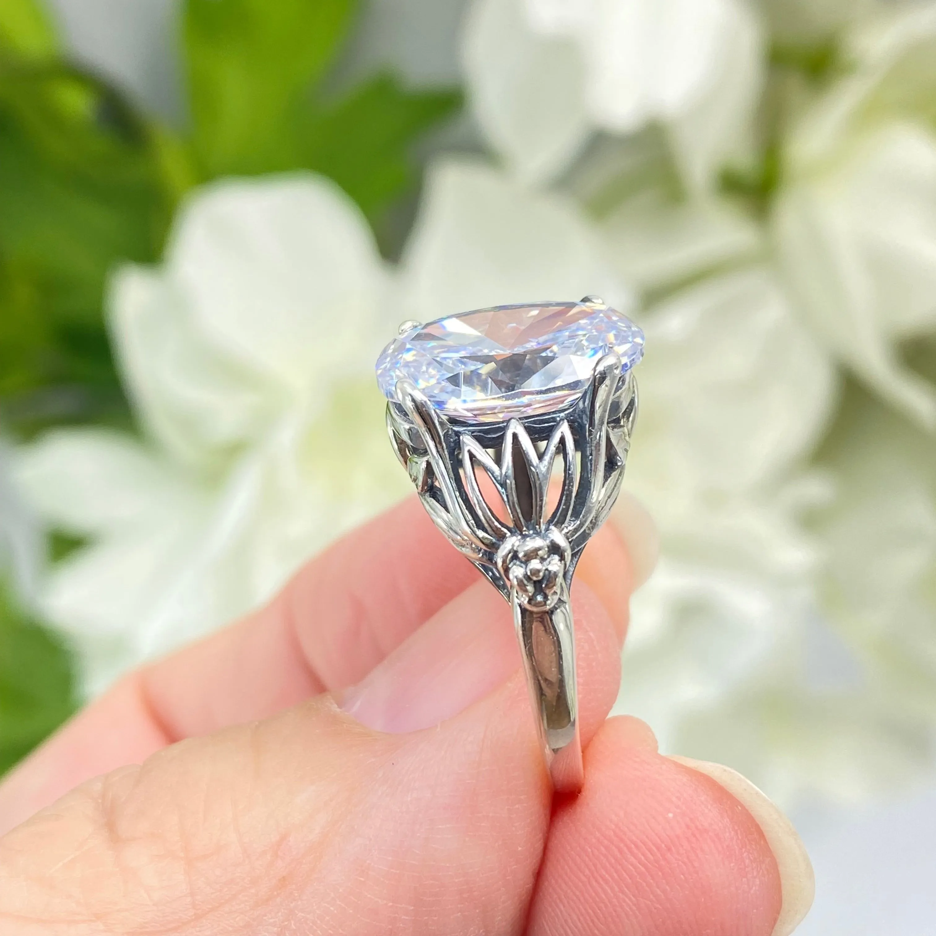 White CZ Ring in Sterling Silver, Oval Cut Clear Gemstone - Gothic Filigree Jewelry D122