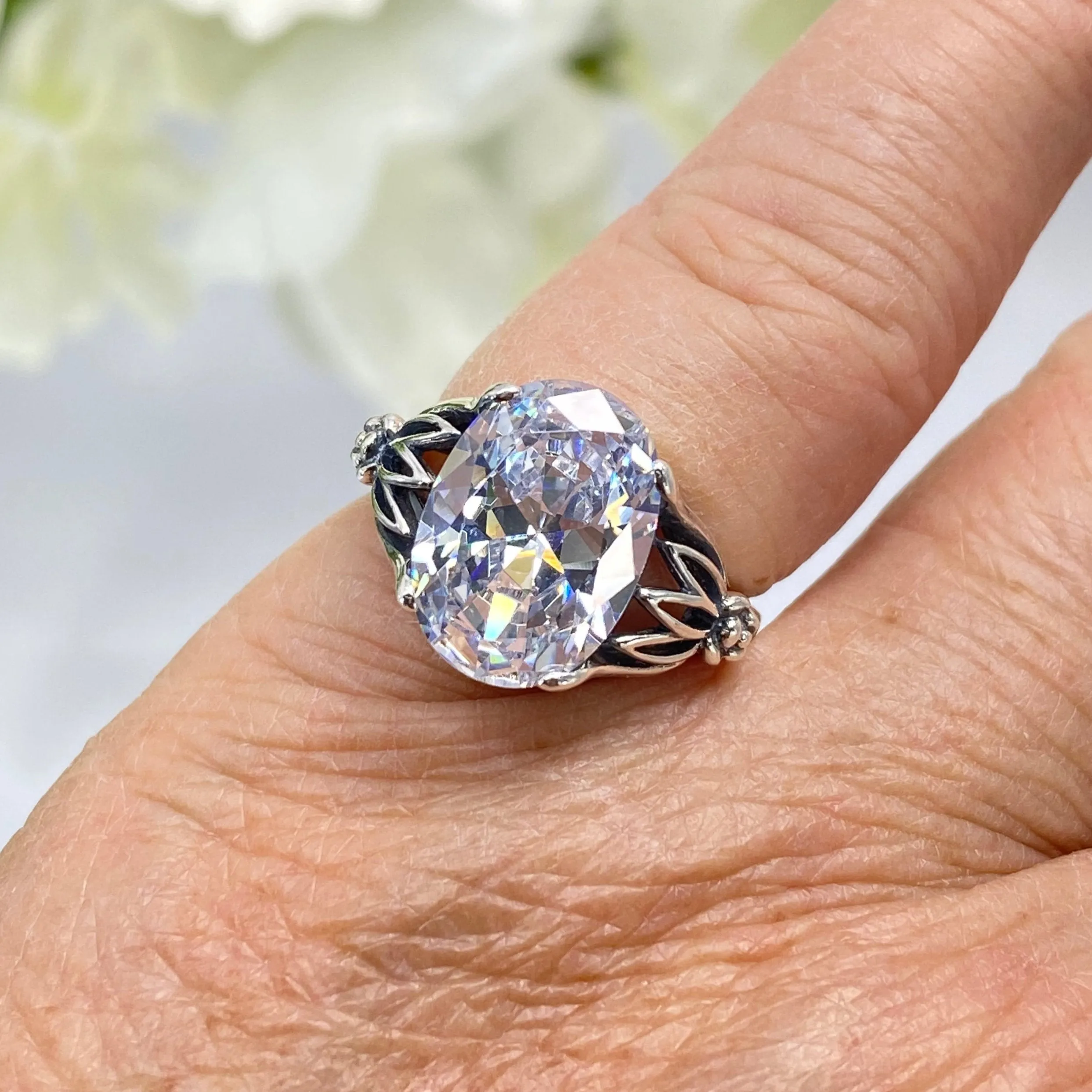 White CZ Ring in Sterling Silver, Oval Cut Clear Gemstone - Gothic Filigree Jewelry D122