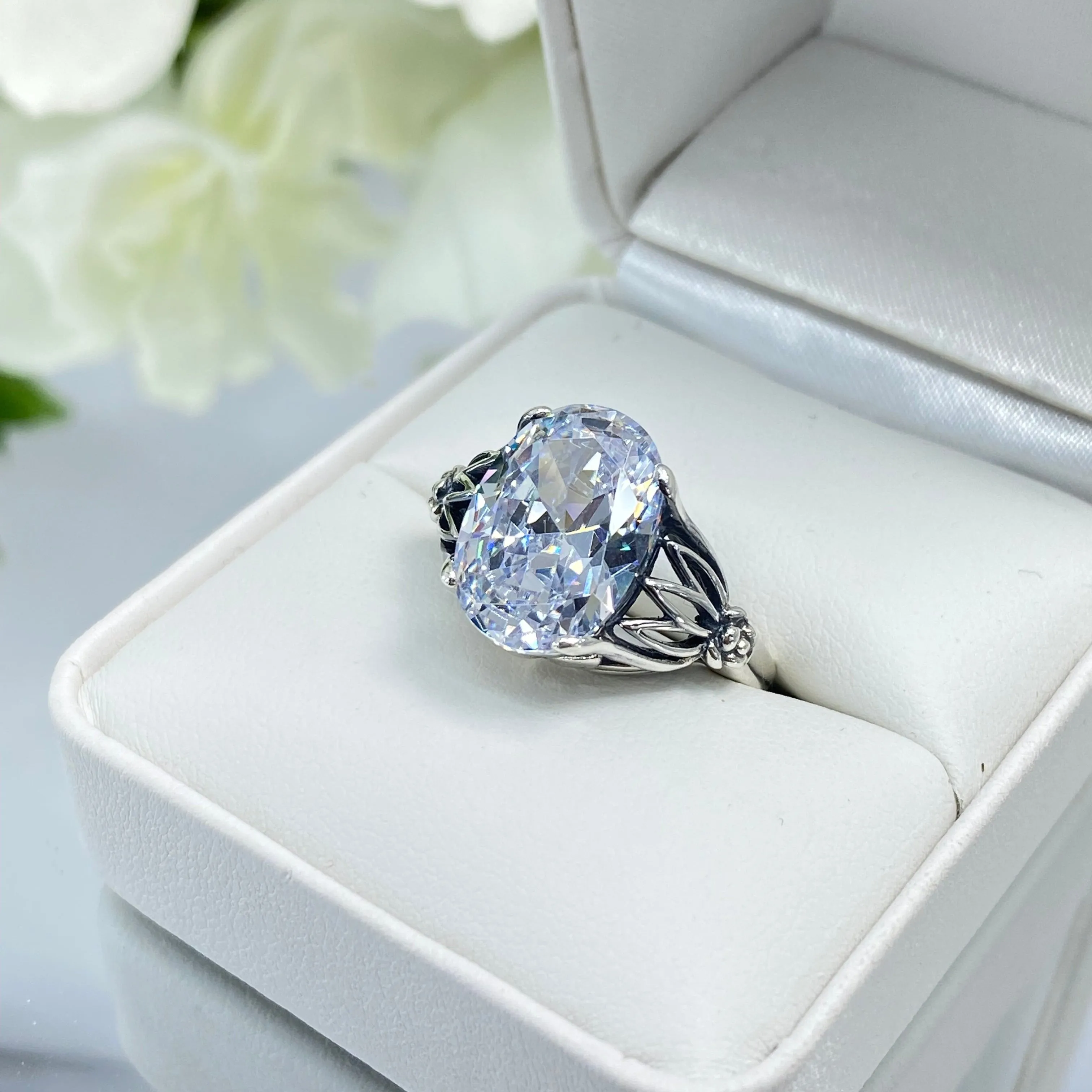 White CZ Ring in Sterling Silver, Oval Cut Clear Gemstone - Gothic Filigree Jewelry D122
