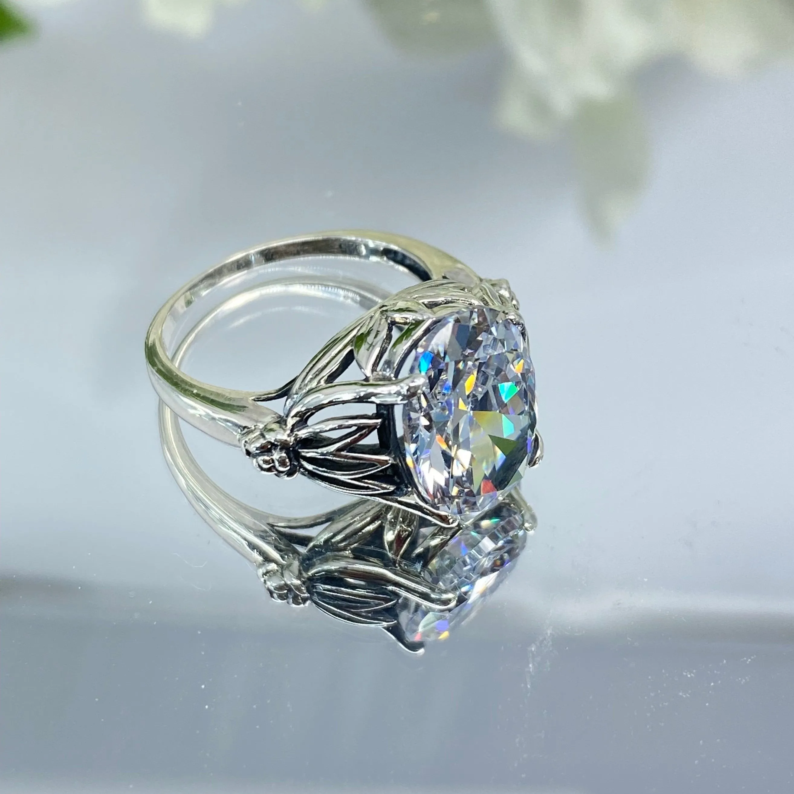 White CZ Ring in Sterling Silver, Oval Cut Clear Gemstone - Gothic Filigree Jewelry D122