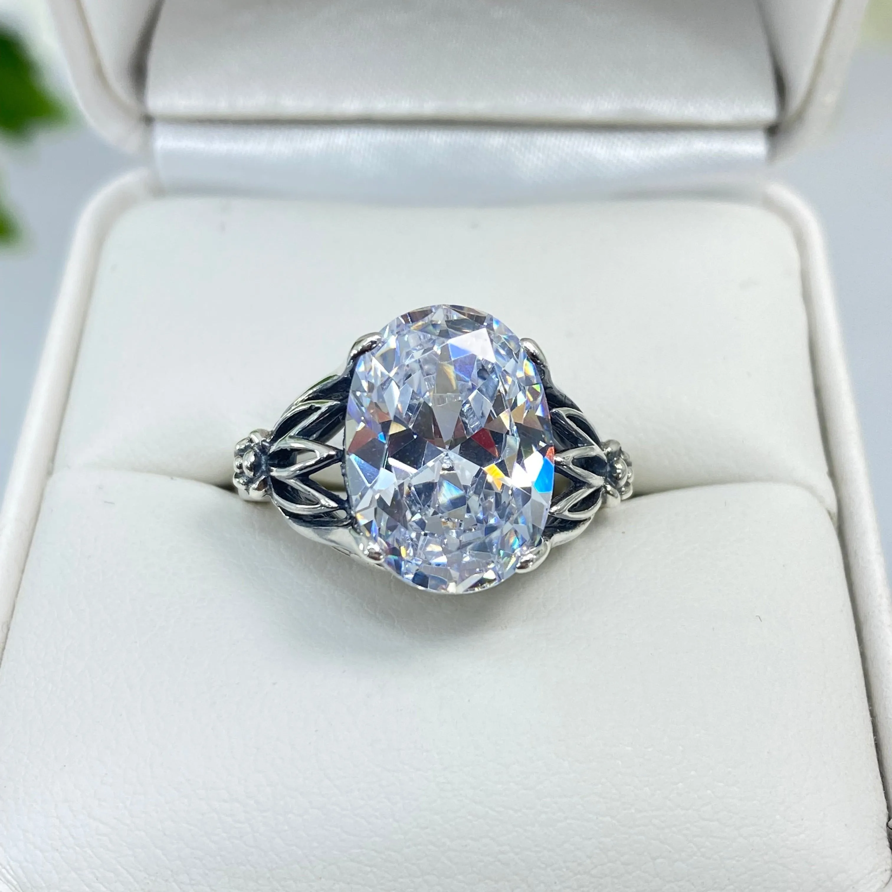 White CZ Ring in Sterling Silver, Oval Cut Clear Gemstone - Gothic Filigree Jewelry D122