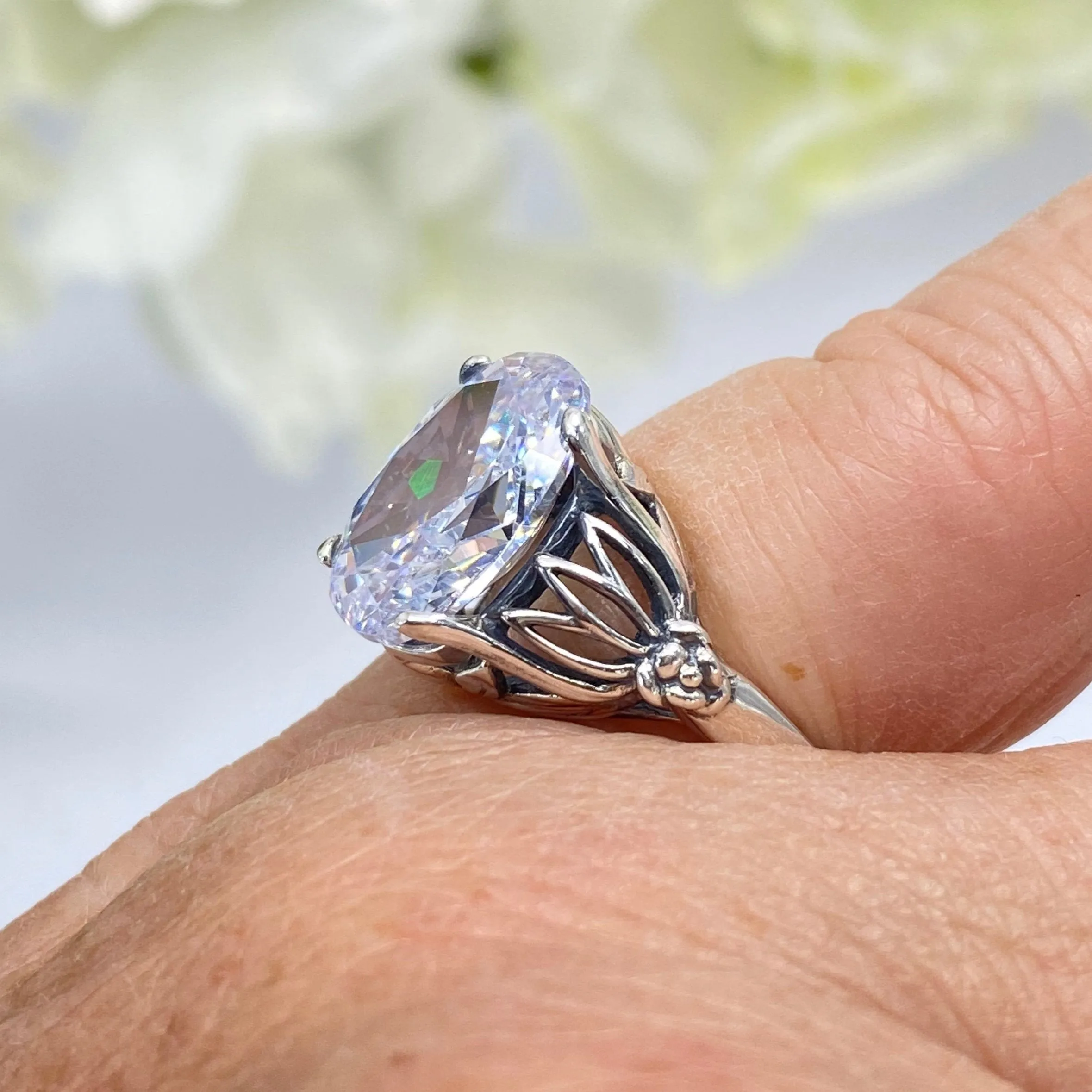 White CZ Ring in Sterling Silver, Oval Cut Clear Gemstone - Gothic Filigree Jewelry D122