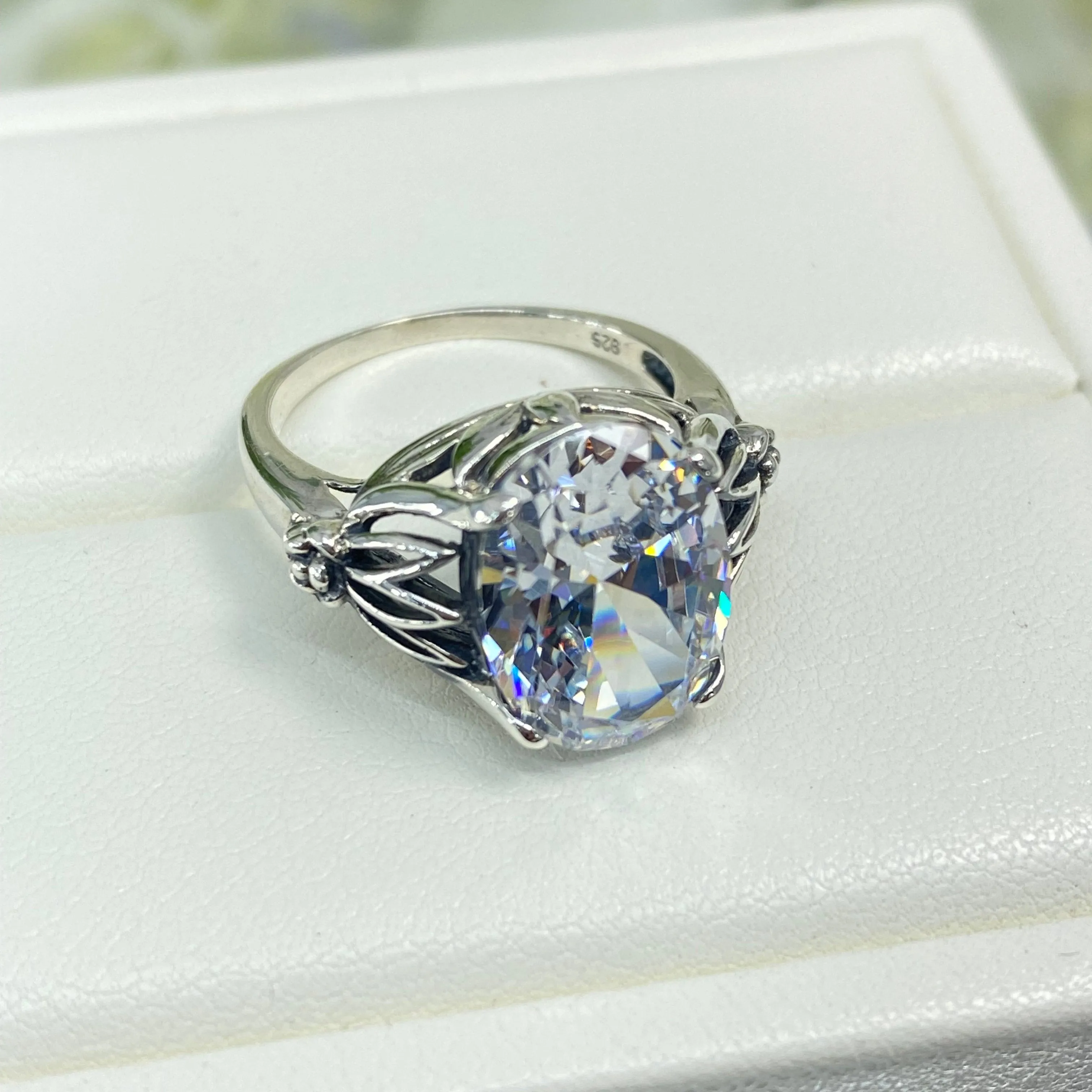 White CZ Ring in Sterling Silver, Oval Cut Clear Gemstone - Gothic Filigree Jewelry D122