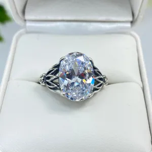 White CZ Ring in Sterling Silver, Oval Cut Clear Gemstone - Gothic Filigree Jewelry D122