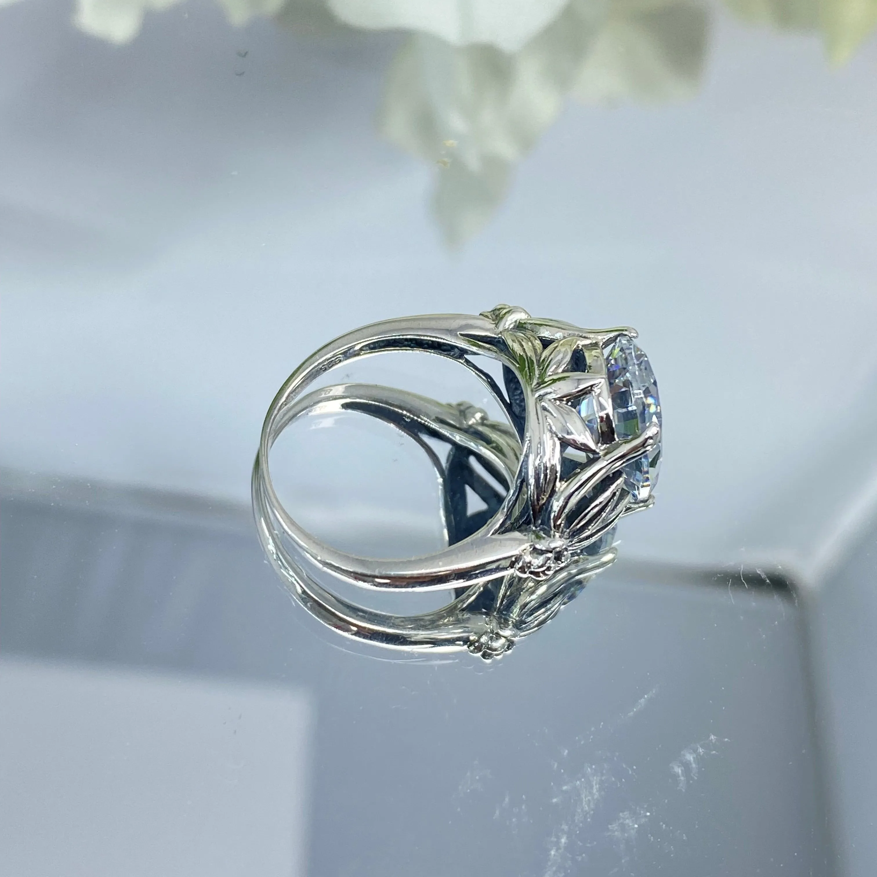White CZ Ring in Sterling Silver, Oval Cut Clear Gemstone - Gothic Filigree Jewelry D122