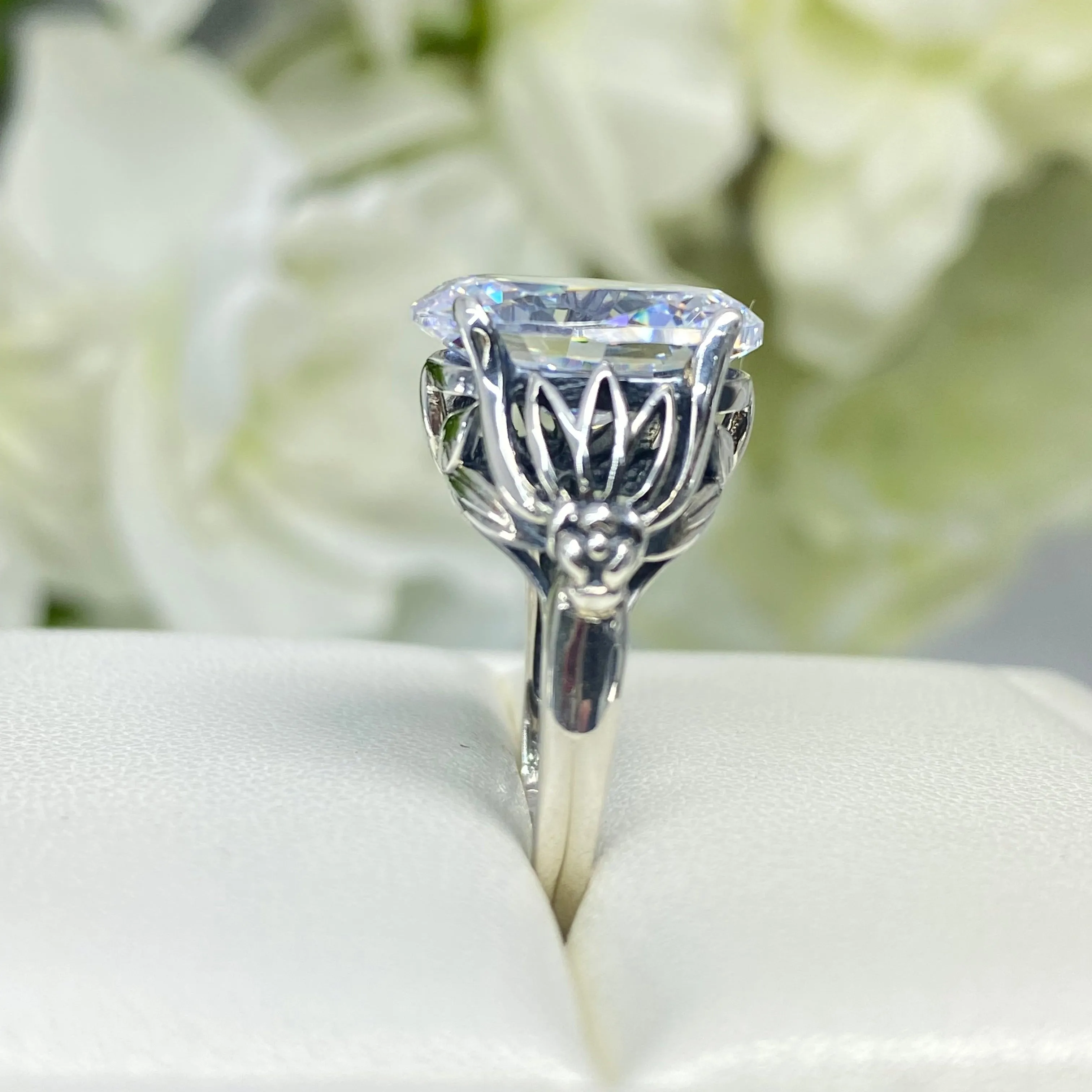 White CZ Ring in Sterling Silver, Oval Cut Clear Gemstone - Gothic Filigree Jewelry D122