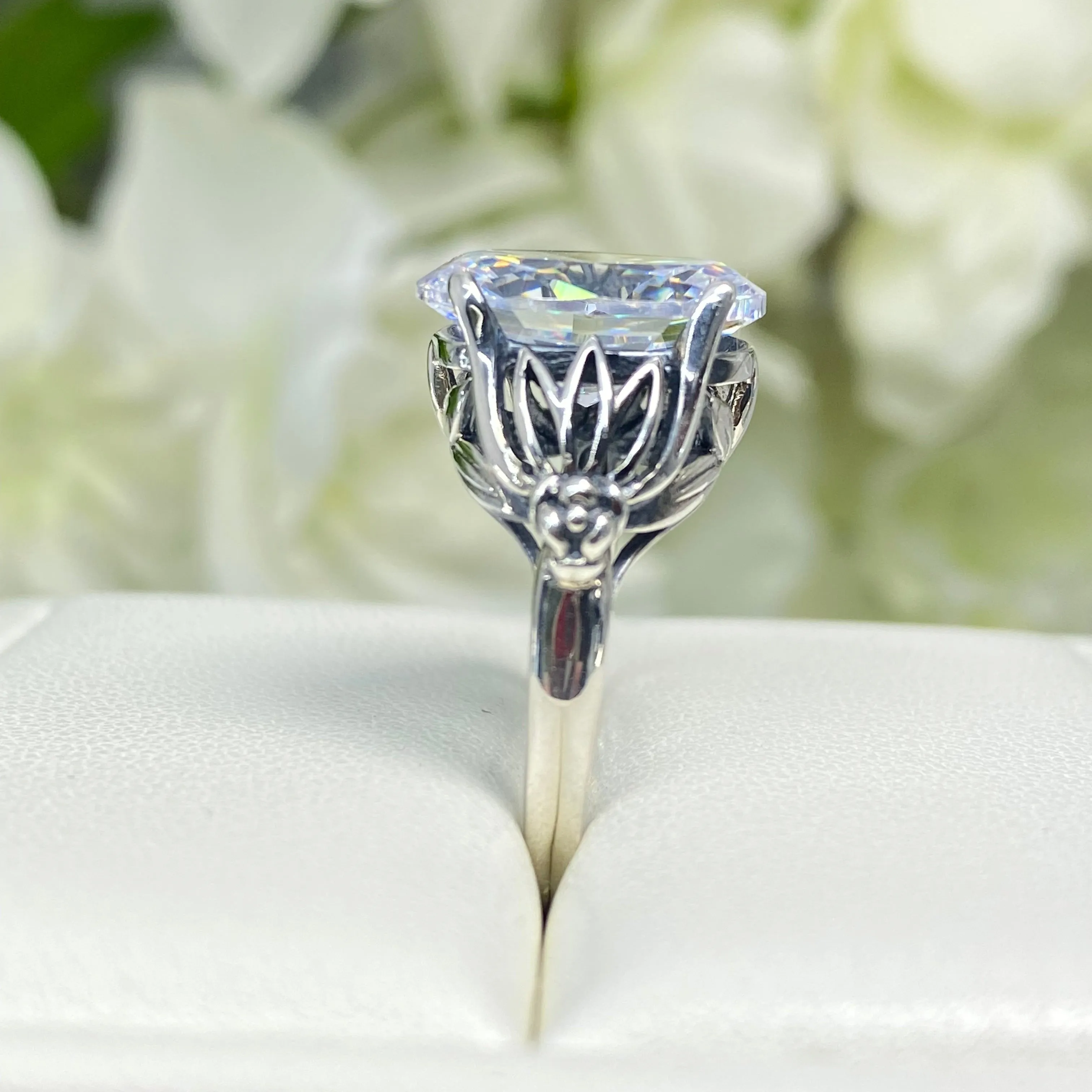 White CZ Ring in Sterling Silver, Oval Cut Clear Gemstone - Gothic Filigree Jewelry D122