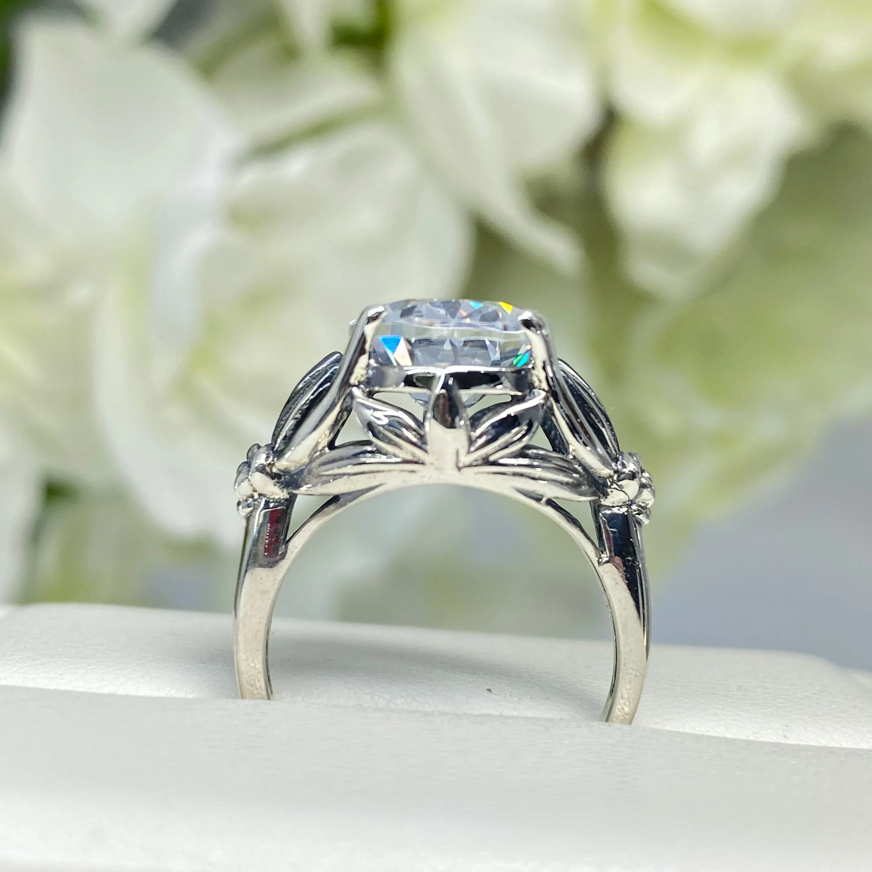 White CZ Ring in Sterling Silver, Oval Cut Clear Gemstone - Gothic Filigree Jewelry D122