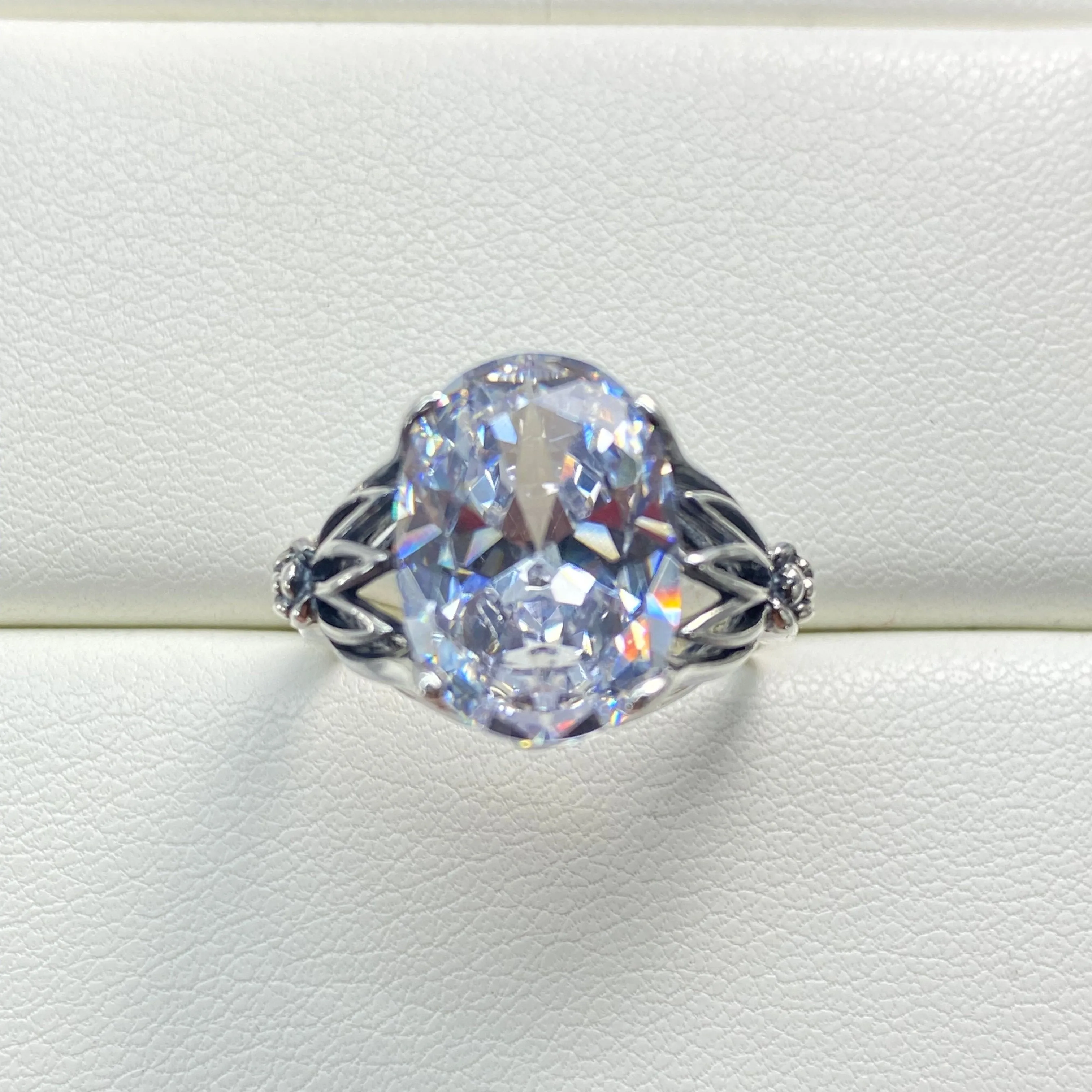 White CZ Ring in Sterling Silver, Oval Cut Clear Gemstone - Gothic Filigree Jewelry D122