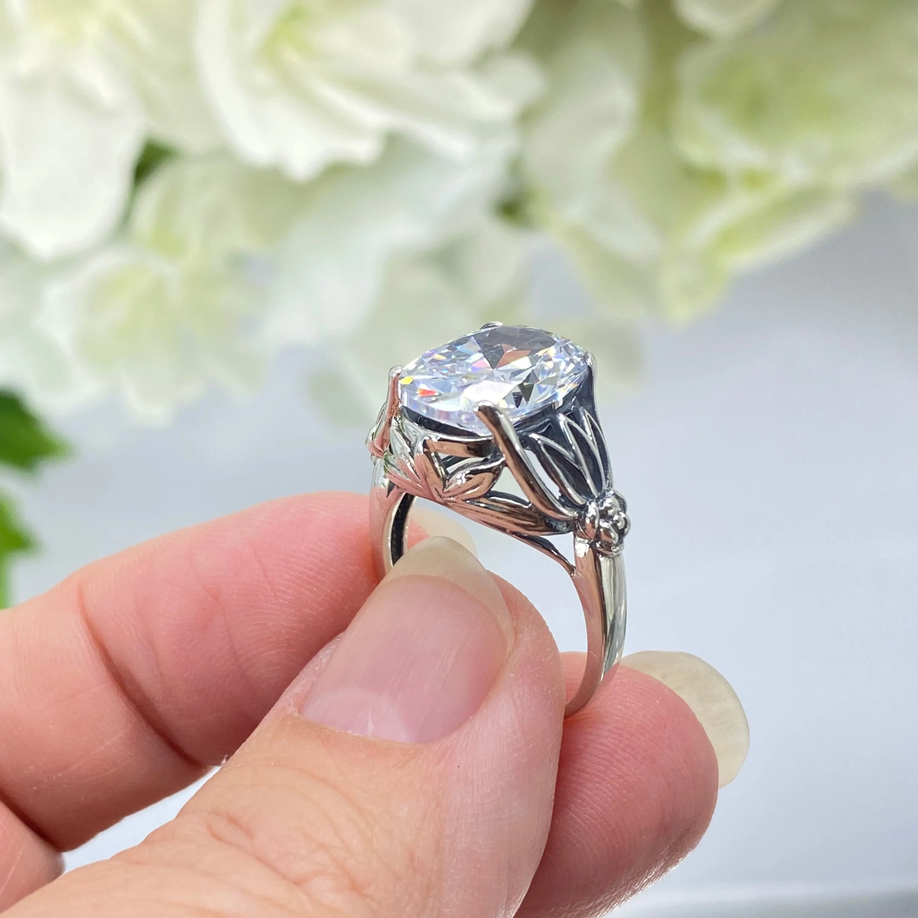 White CZ Ring, Size 7, Oval Cut Gothic Filigree Jewelry D122 - Ready to Ship