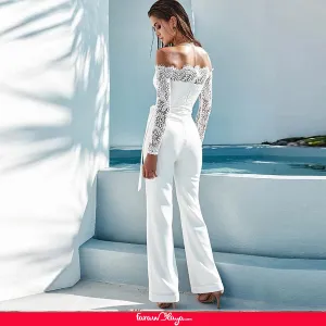 White Falling Shoulder Lace Stitching Fashion Jumpsuit