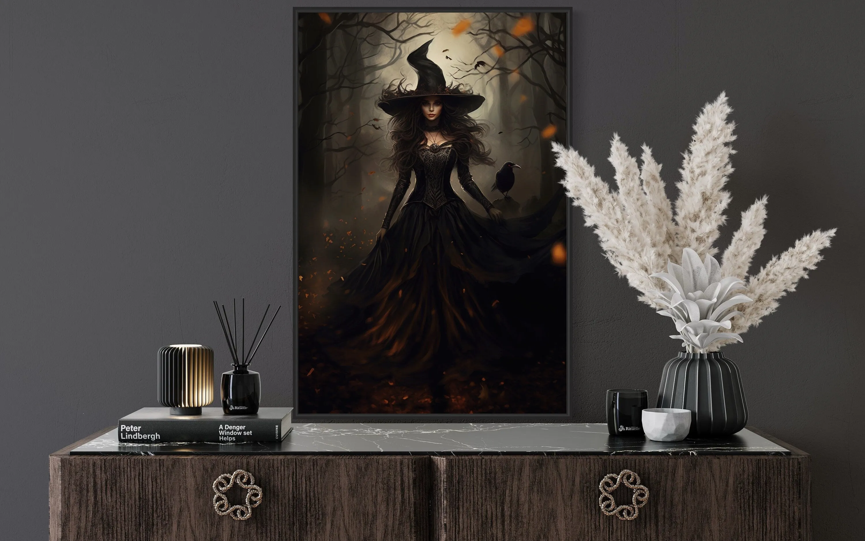 Witch And Her Raven In Enchanted Forest  Gothic Framed Canvas Wall Art