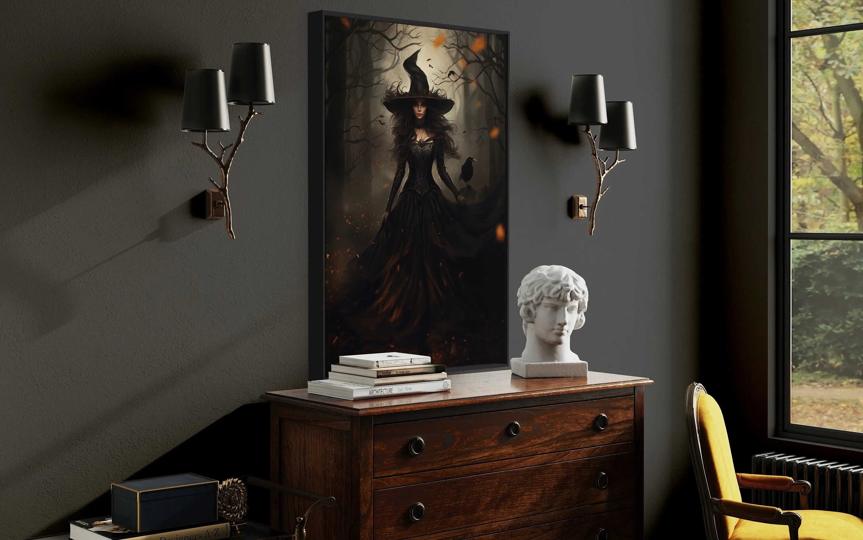 Witch And Her Raven In Enchanted Forest  Gothic Framed Canvas Wall Art
