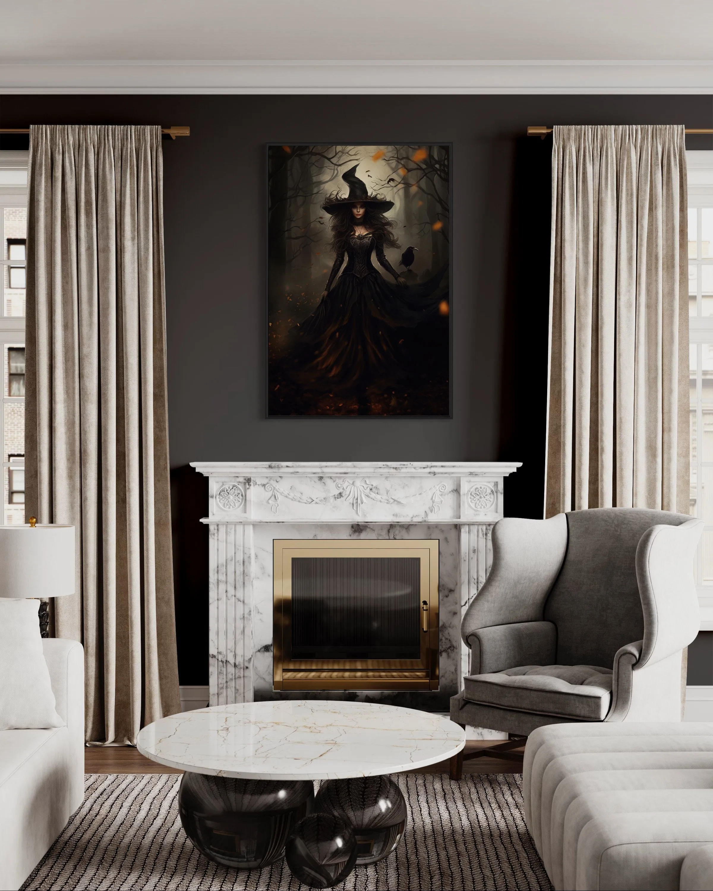 Witch And Her Raven In Enchanted Forest  Gothic Framed Canvas Wall Art