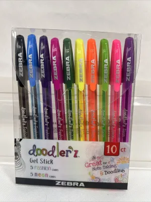 Zebra Doodlerz Gel Pens, 10 pk (5 Neon, 5 Fashion Colors), 1.0mm Bold, #41810